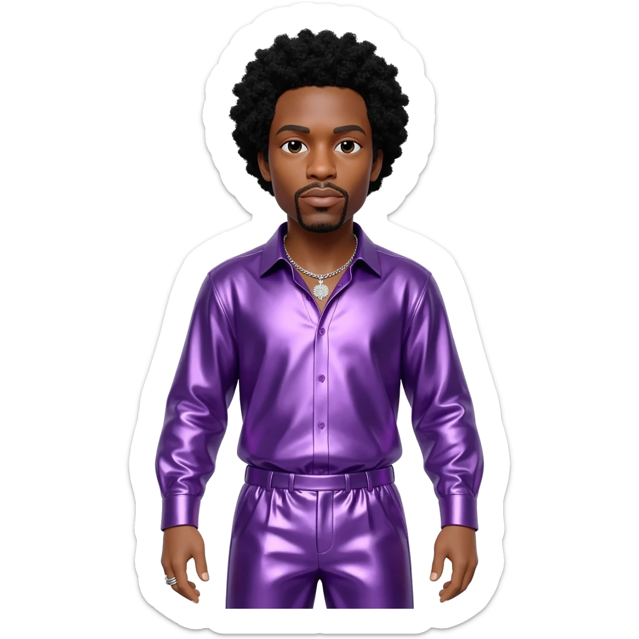 Prince Rogers Nelson with black hair, purple metallic shirt, purple metallic baggy pants, silver necklace sticker