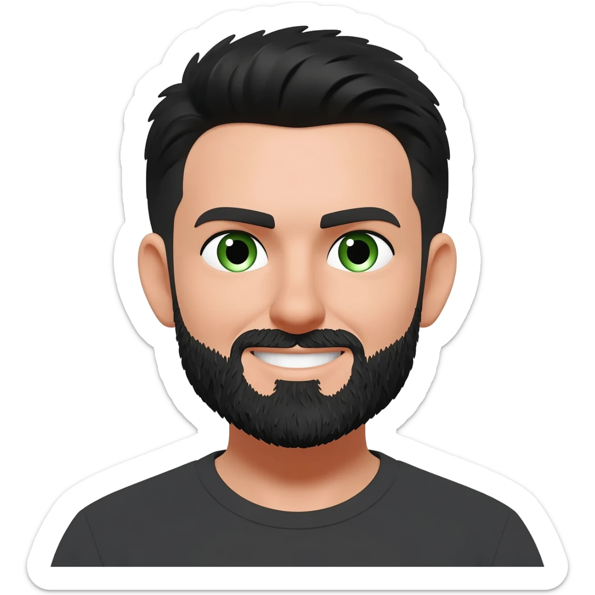 White man with short black hair and black beard with left eyebrow raised with green eyes square jaw  and smiling sticker