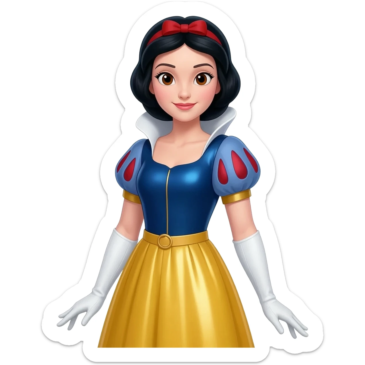 Snow White from Disney Princess with brown eyes, black hair, dark blue metallic illusion crop top, yellow obi belt, yellow metallic long skirt, white over elbow gloves sticker