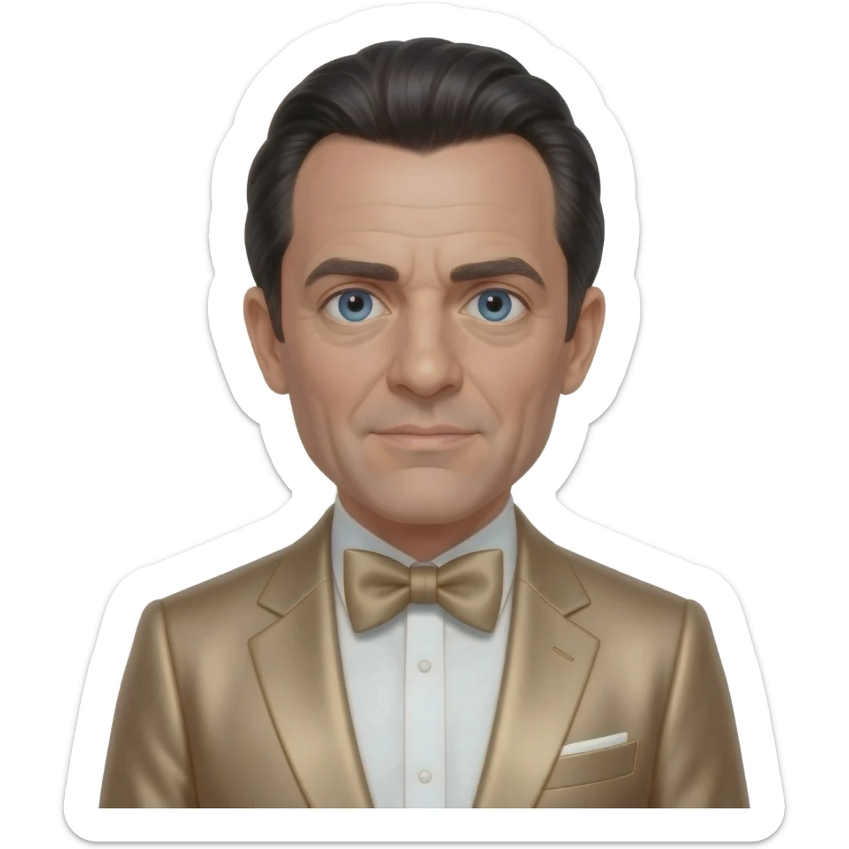 Oliver Reed with blue eyes, black hair, tan metallic suit with bow tie sticker