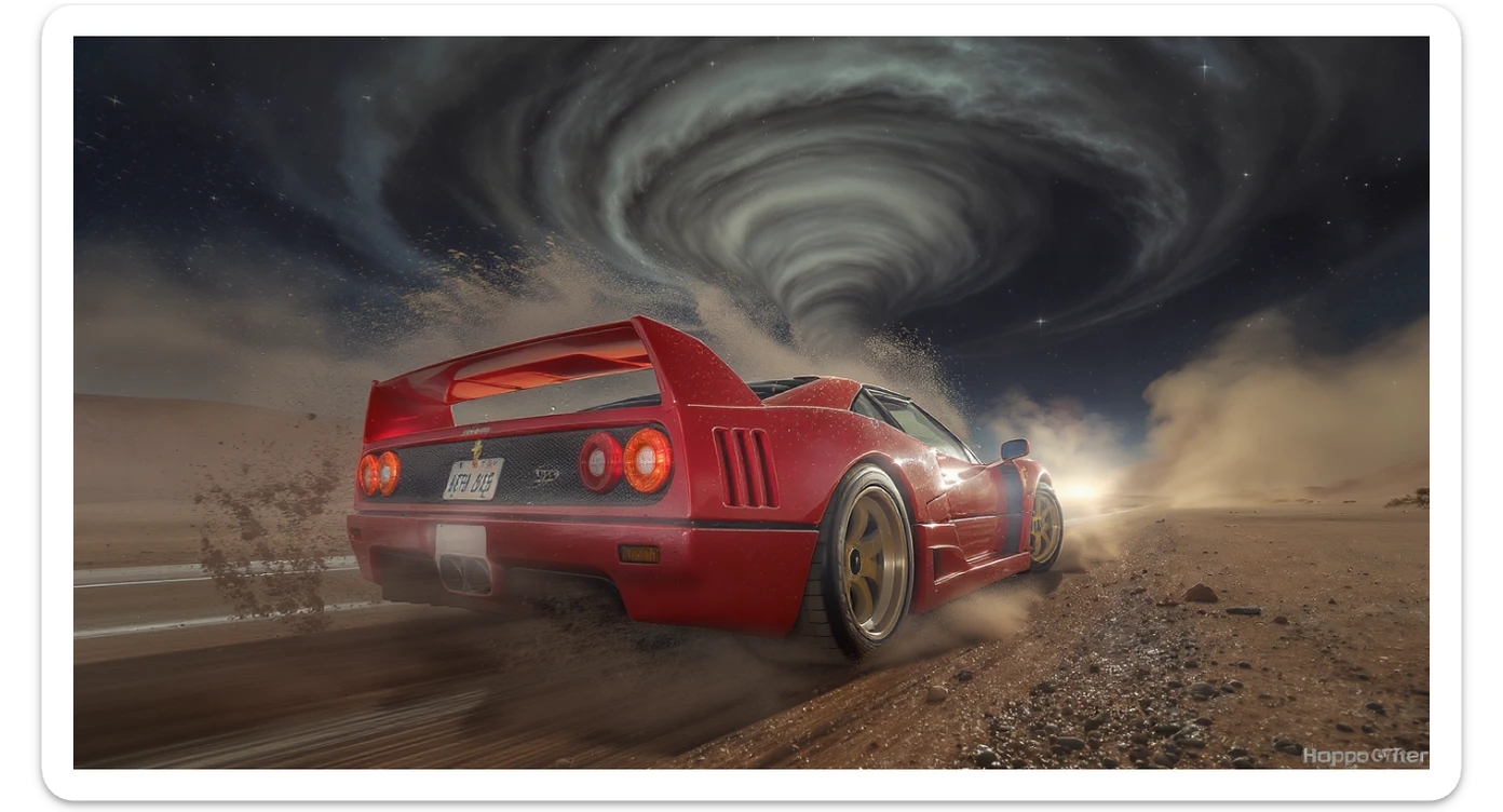 Cinematic still of a ferrari f40 around tornado od arizona desert, sun flare, captured by gopro hero with effect fisheye, water drops on car body, detailed, inspired by interstellar look sticker
