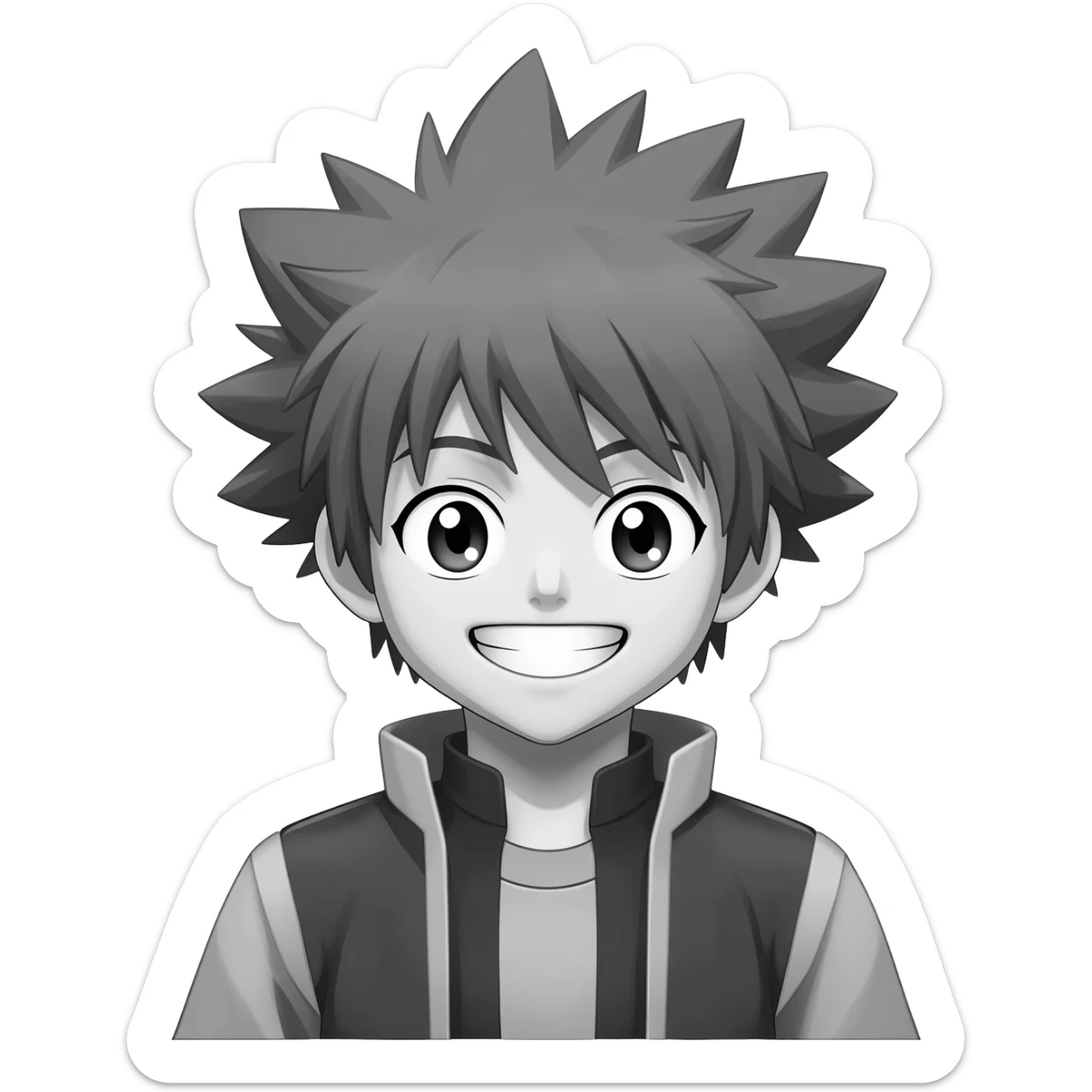 generate a white and black hanter x hanter killua happy smail with a transparent background sticker