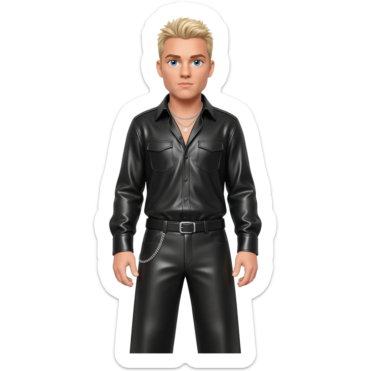 Brian McFadden from Westlife with blue eyes, blonde hair, black metallic shirt, black metallic baggy pants, silver necklace sticker