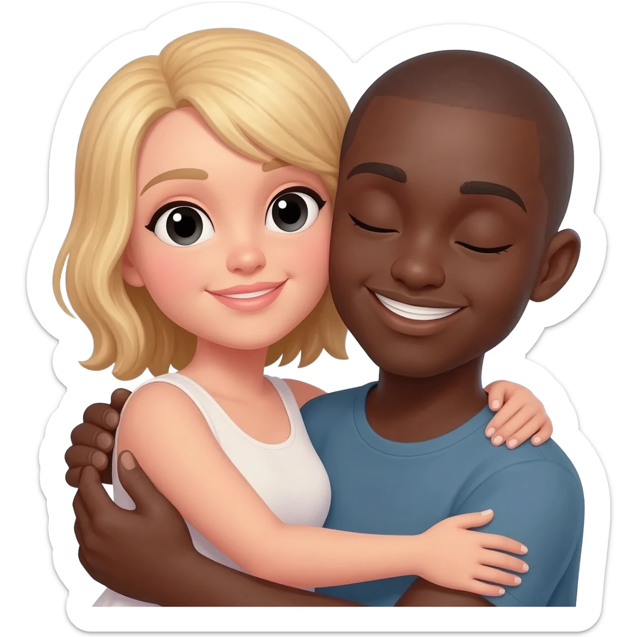 Black man with shaved head hugging blonde woman sticker