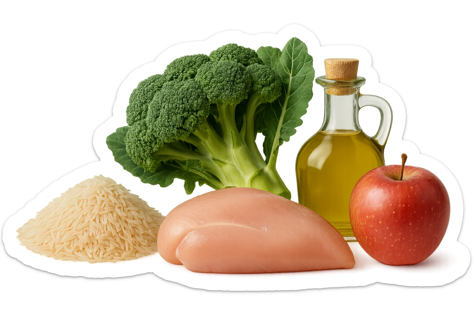 Riso basmati
Petto di pollo
Verdura fibrosa verde
Olio EVO
Mela
vista frontale, iperrealistico 4k sticker