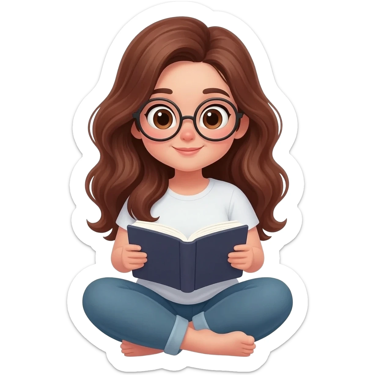 detailed emoji illustration of a curvy woman with long chestnut brown wavy hair, big light brown eyes and round glasses, sitting cross-legged and reading a book, cute emoji style sticker