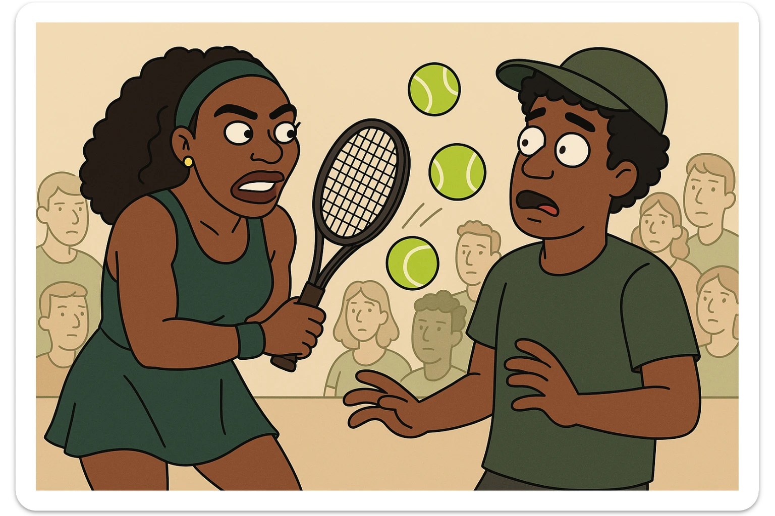 Serena Williams tennis Tennis balls a man black curly hair dark green a hat the people sticker