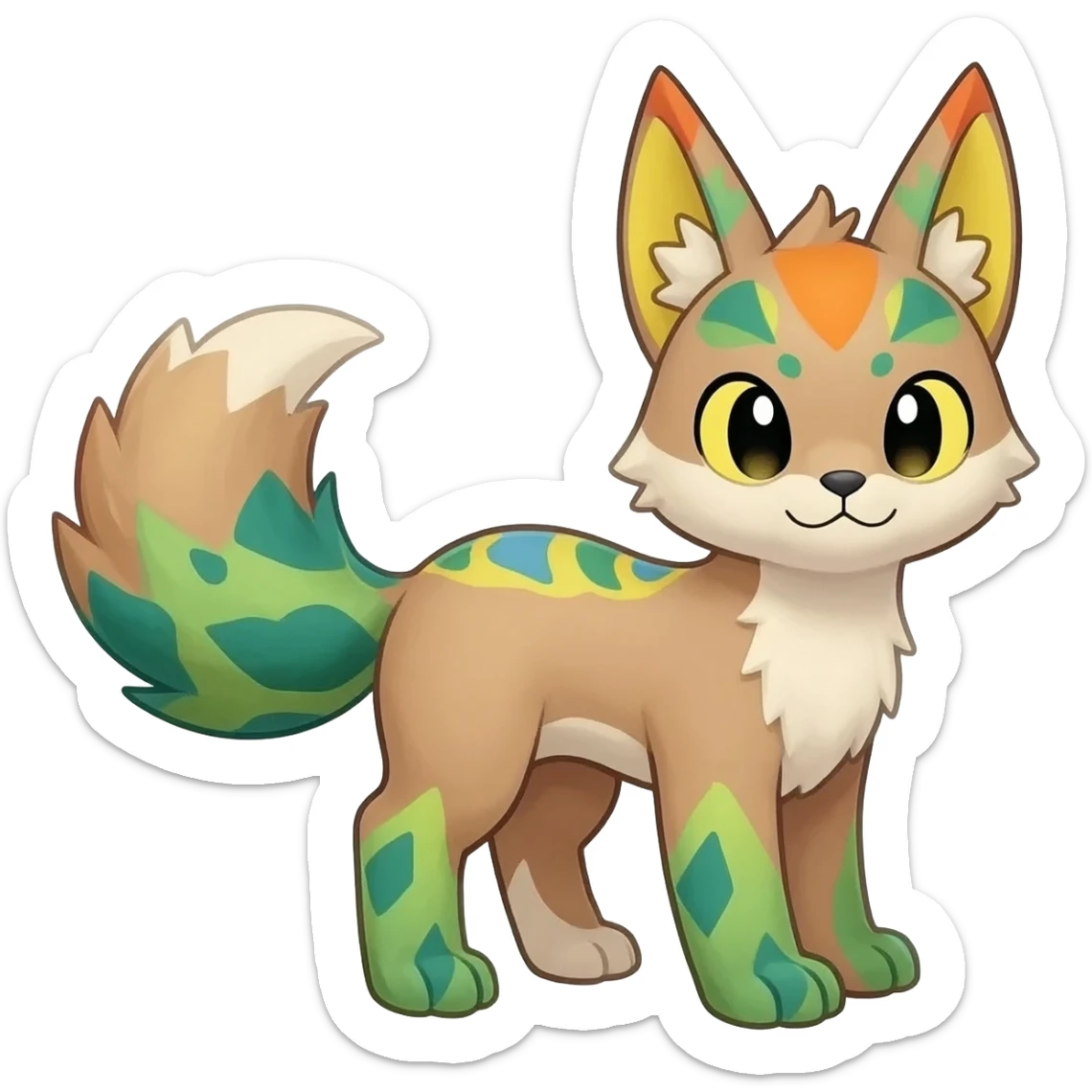 Exotic tropical happy Beautiful pretty cool edgy elegant realistic Feral Rare Fantasy colorful vibrant Vernid-Trico-species-Fakemon-creature by LiLaiRa, random markings, tufted tail, tufted ears, full body sticker