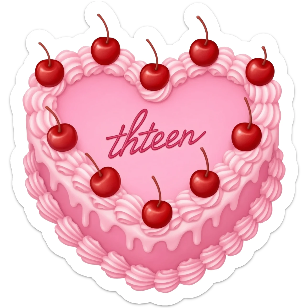 pink vintage heart cake with red cherries on top and thirteen written in cursive in the middle sticker