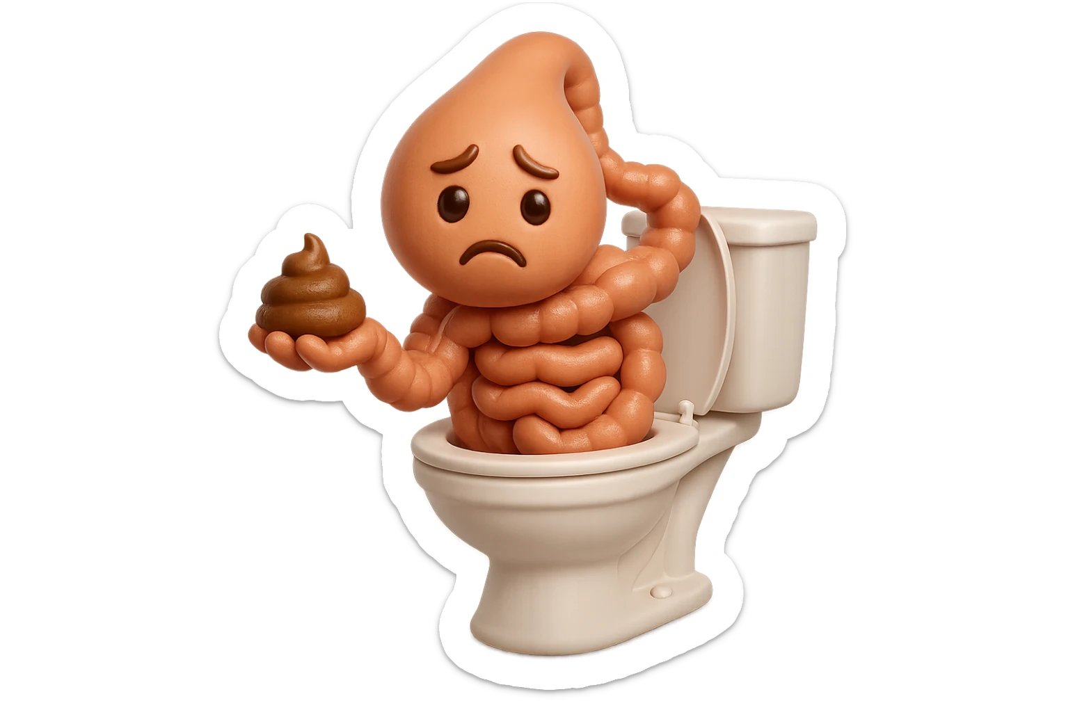 emoji stile iphone di un intestino realistico 3d che esce dal wc con in mano una montagnetta di feci con espressione triste a palline, iperrealistico 4k sticker