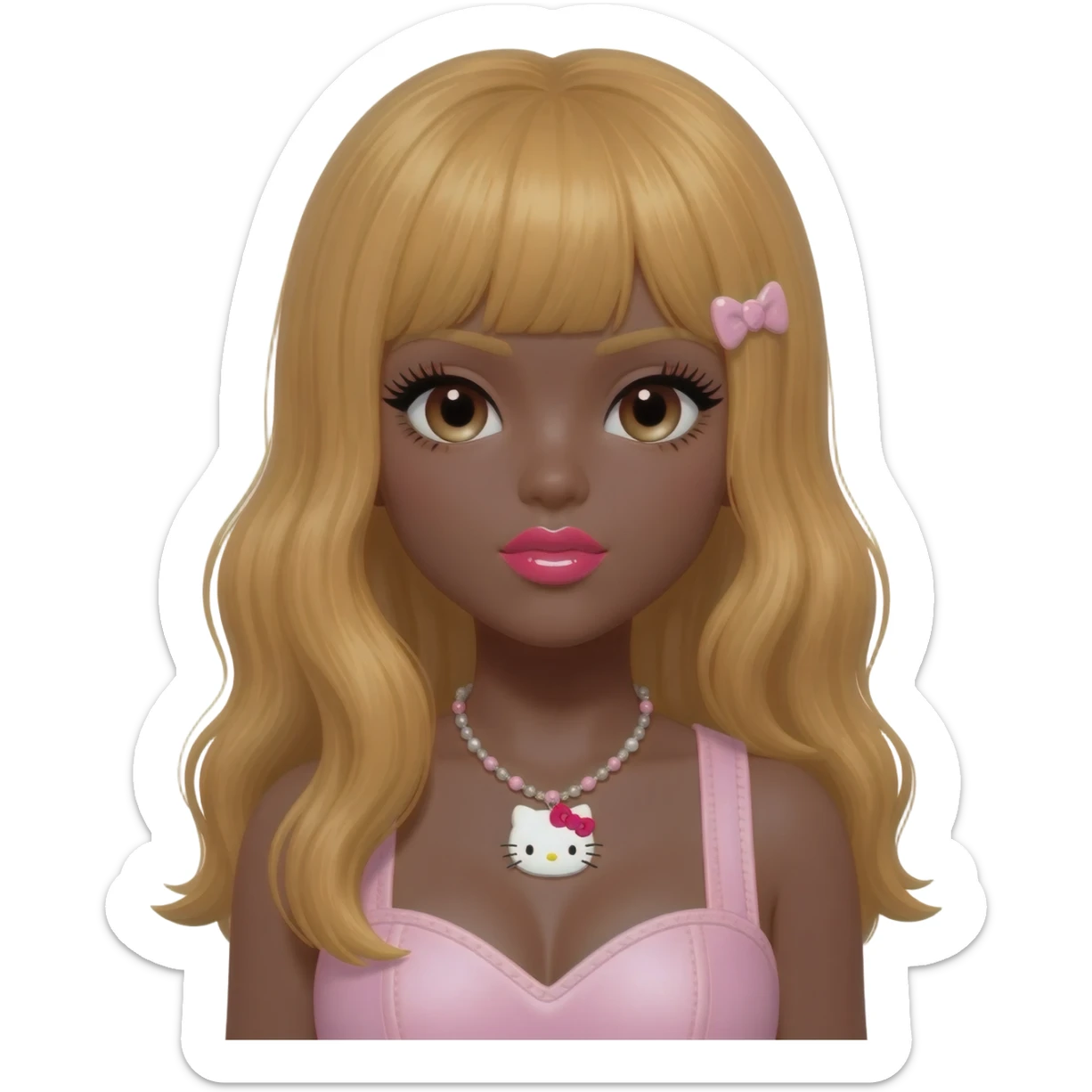 heart shaped lips, cute glossy lips, doll eyes with long lashes, dark brown skin, honey blonde hair, big chest, hello kitty necklace, one bow clip, bimbocore outfit sticker