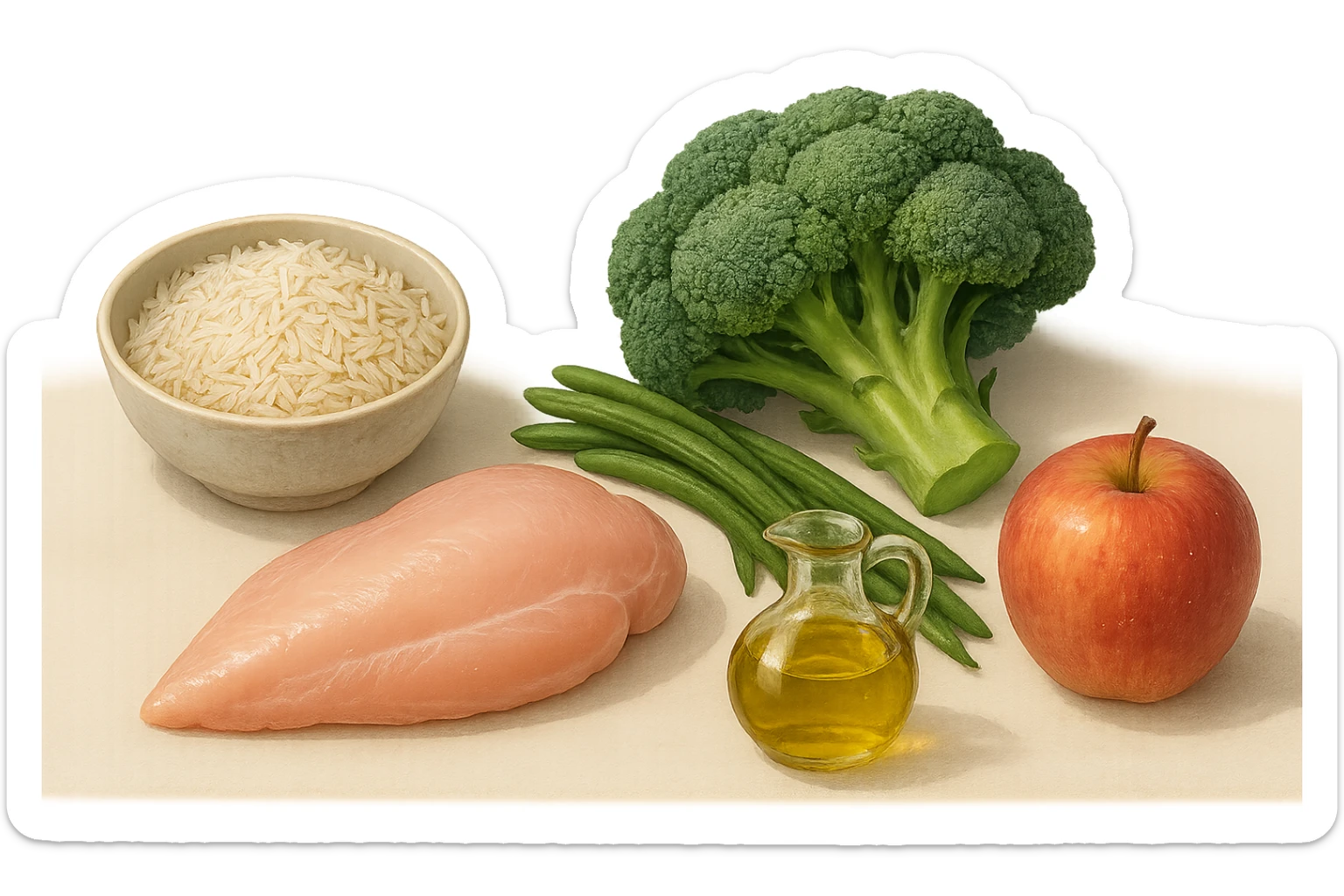 Riso basmati
Petto di pollo
Verdura fibrosa verde
Olio EVO
Mela
poggiati sul tavolo sticker