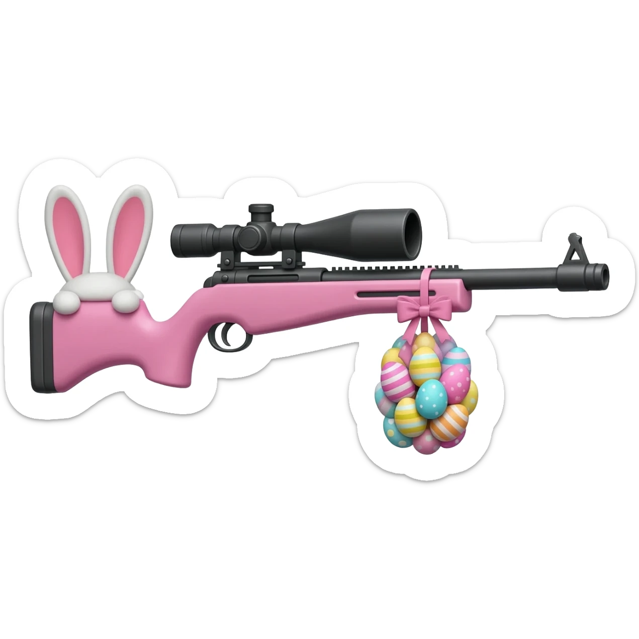 easter theme sniper rifle like with bunny ears and eggs and pink and a tie bow sticker