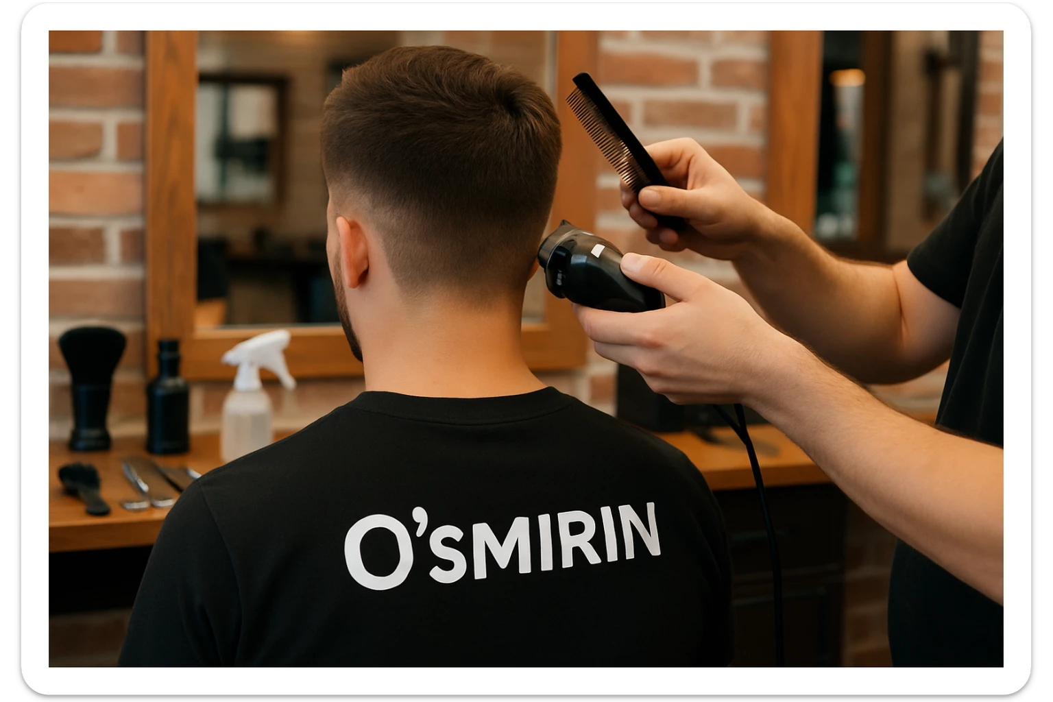 o'smirin bola qora futbolkada sartaroshxonada soch olayapti yuzi ko'rinmasin sticker