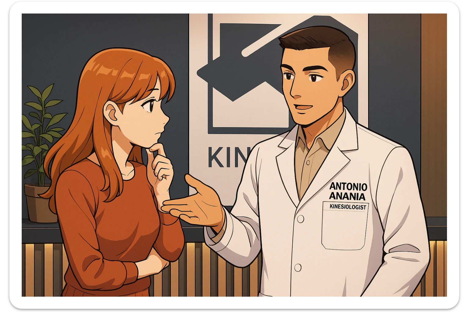 su questo stile fai un manga/webtoon a colori in cui una donna SI TOCCA IL MENTO CON L'INDICE MENTRE ASCOLTA PENSIEROSA L'UOMO, l'uomo della foto in stile manga LE SPIEGA CHE DEVE PROVARE LA SUA VALUTAZIONE MEDICA, mantieni un ambiente simile alla foto che ho allegato con il suo logo (sarebbe il suo studio, lui è un kinesiologo), scrivigli "ANTONIO ANANIA" sul camice bianco, non mettere fumetti, ma fai in modo che sembri che la donna ASCOLTI l'uomo sticker