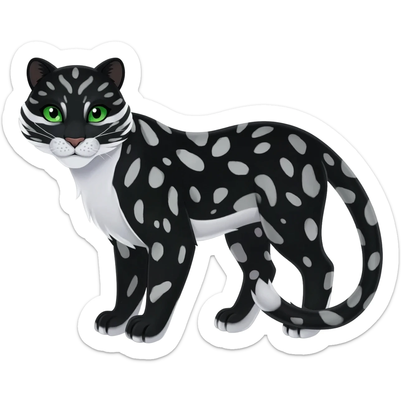 Black Snow Leopard-Panther-hybrid-animal-creature with white stripes and spots and splotch markings, with green eyes sticker