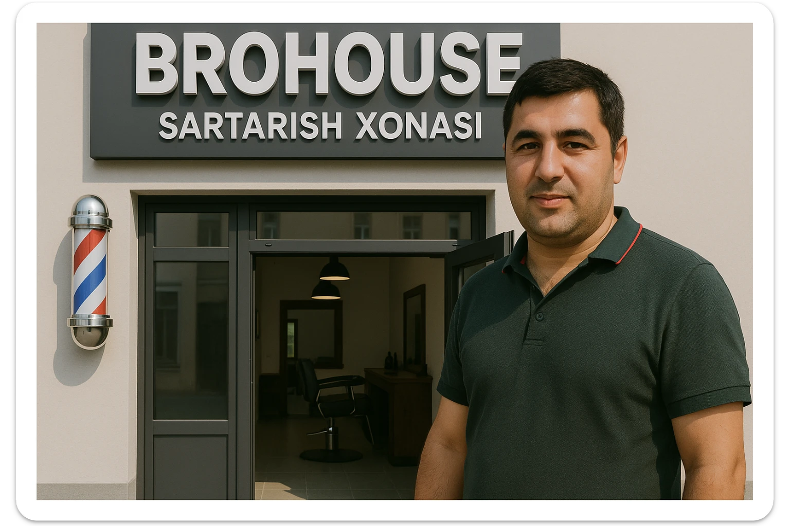 eni shu rasimga manashu odamga uxhshasin sartaosh eshik oldida tursin va tashqarida esa mijoz rasm esa 16 ga 9 bulsin 1920x1080 sticker