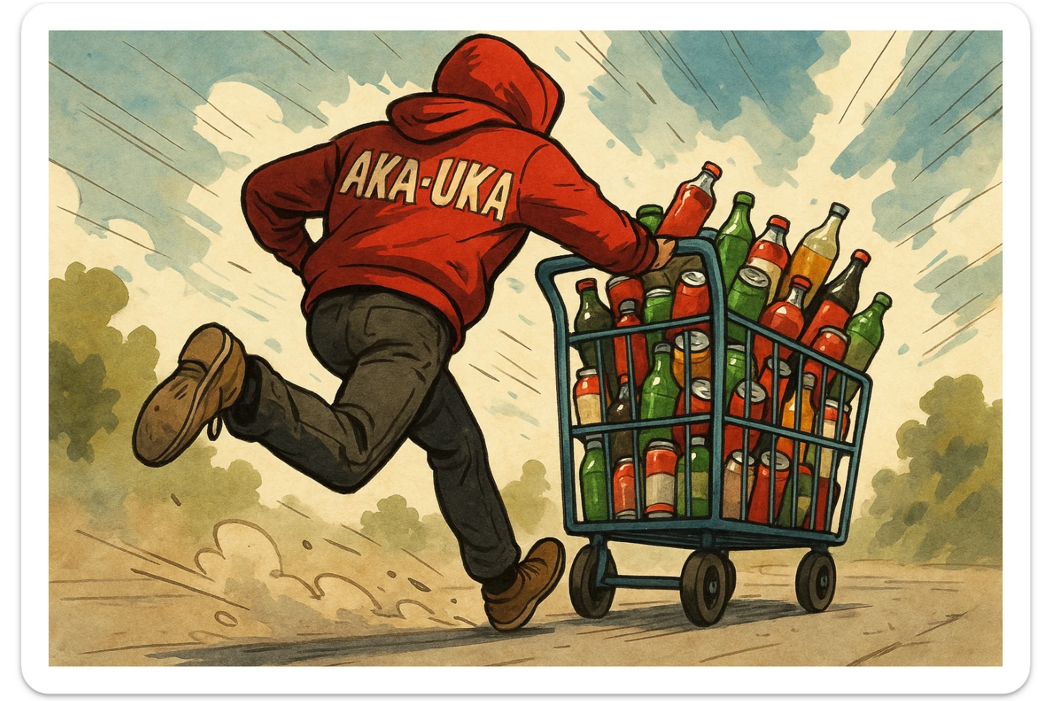 aka-uka ichimlik ortilgan aravani olib qochishyapti orqa tarafdan rakurs yuzi ko'rinmasin sticker