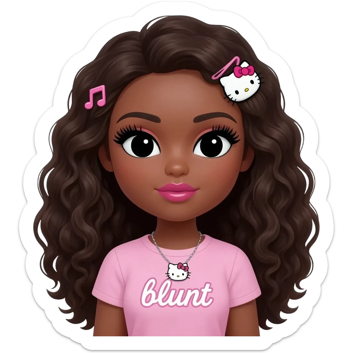 Long giant lashes, my melody hairclip, Doll faced shaped, hello kitty necklace, bimbo, black doll eyes, Big lips barbie, dark brown skin with long curly hair, light pink bimbo shirt says "blunt" , big breast sticker