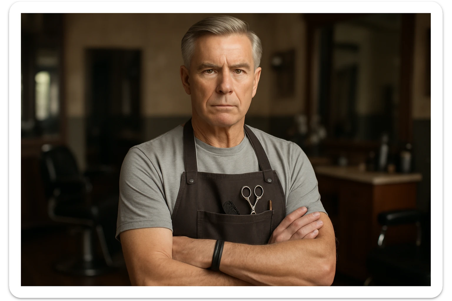 huddi shu odamni qariroq va soqolsiz tasvirlab ber o'zgartirib realistik qilib orqa fon sartaroshxona belidan sal pastroqqacha  sticker