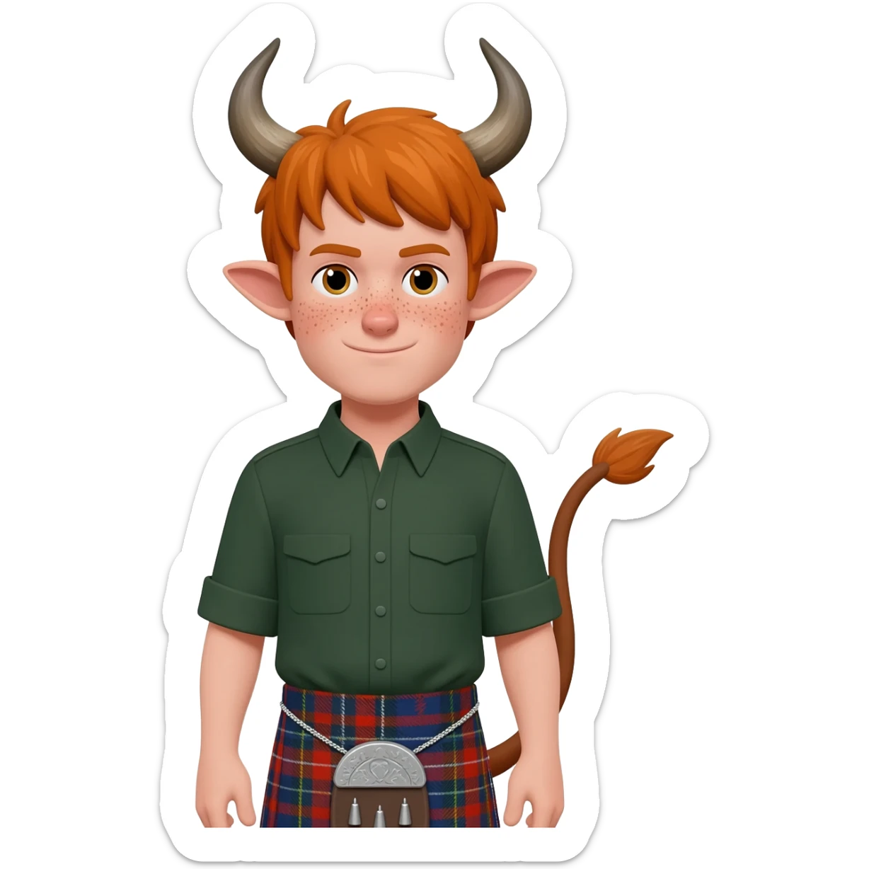 ginger man with freckles with with bangs covering the eyes like scottish bull with bull horns and bull ears and bull tail dressed in kilt and the skirt sticker