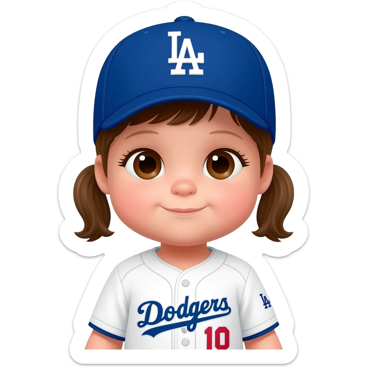 baby girl in a white dodgers uniform with baseball cap and brown eyes sticker