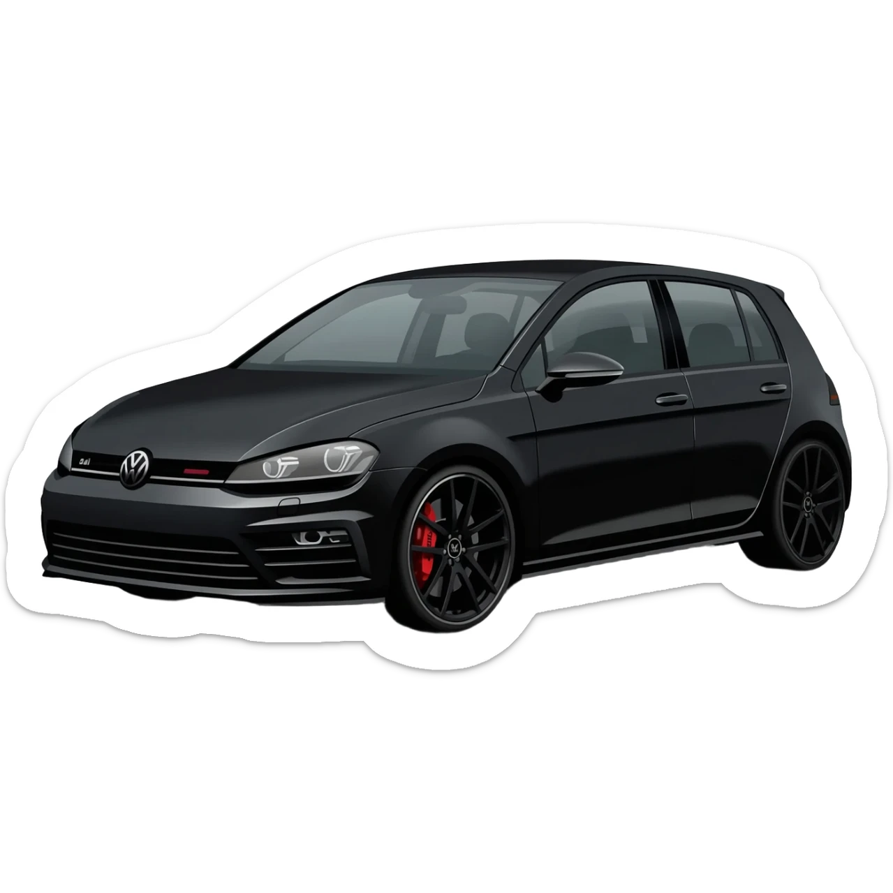 a picture of a full black VW Golf GT Edition TDI MK7 2016 with black rims, tinted windows and red calipers on an angle sticker