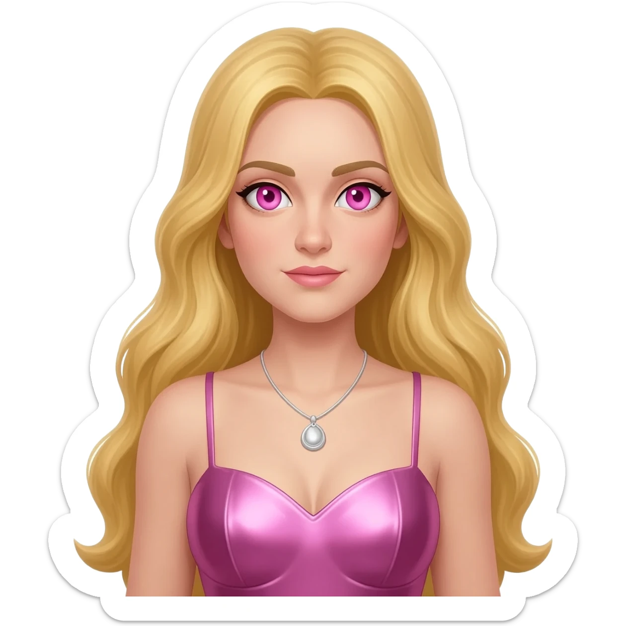 Aphrodite from Greek Mythology with pink eyes, long blonde hair, pink metallic sweetheart dress, silver necklace sticker