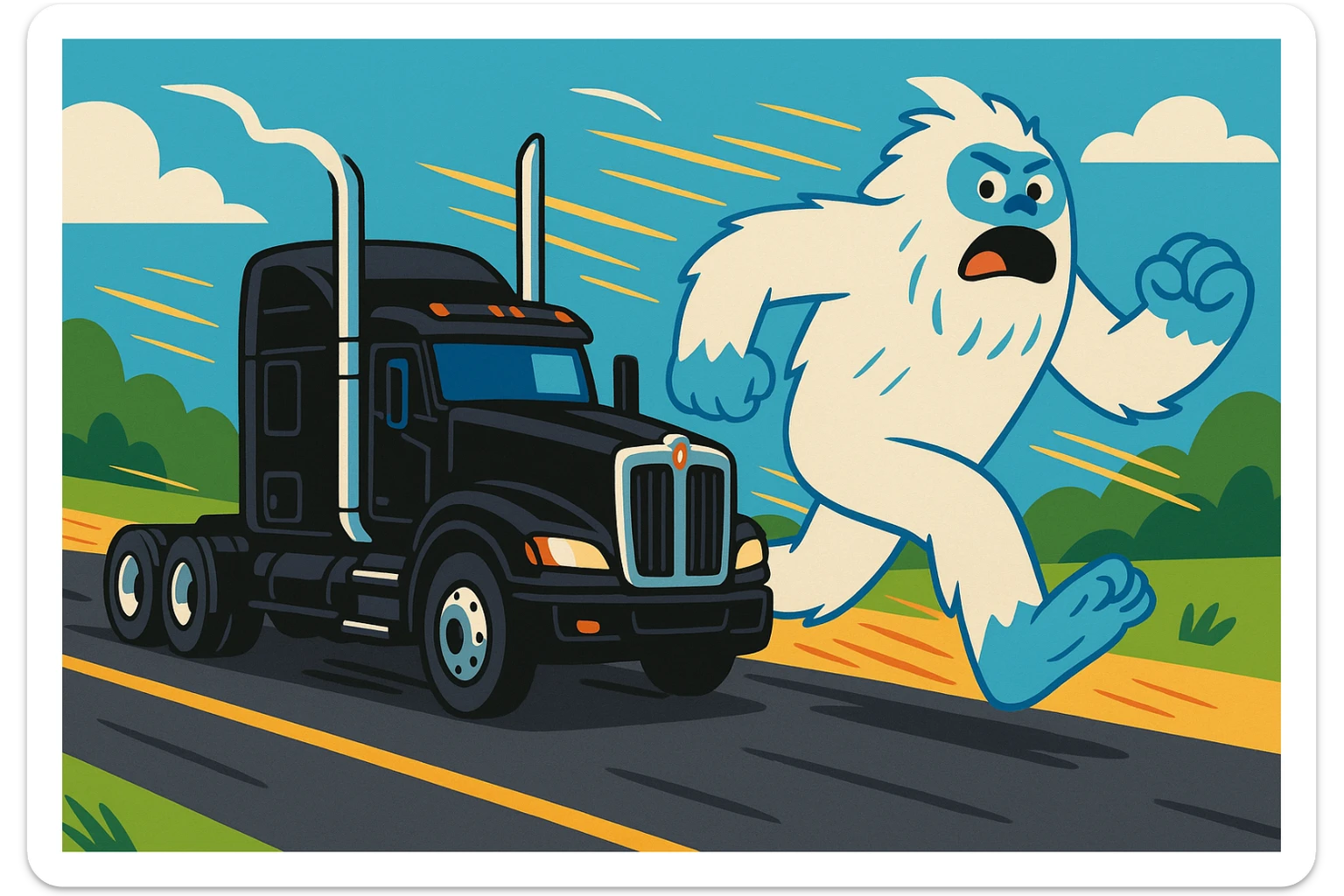 A black 2026 Kenworth W680 flat top semi sleeper with stacks, in pursuit of a large white abominable snowman running down a road, cartoon style, energetic, no text sticker