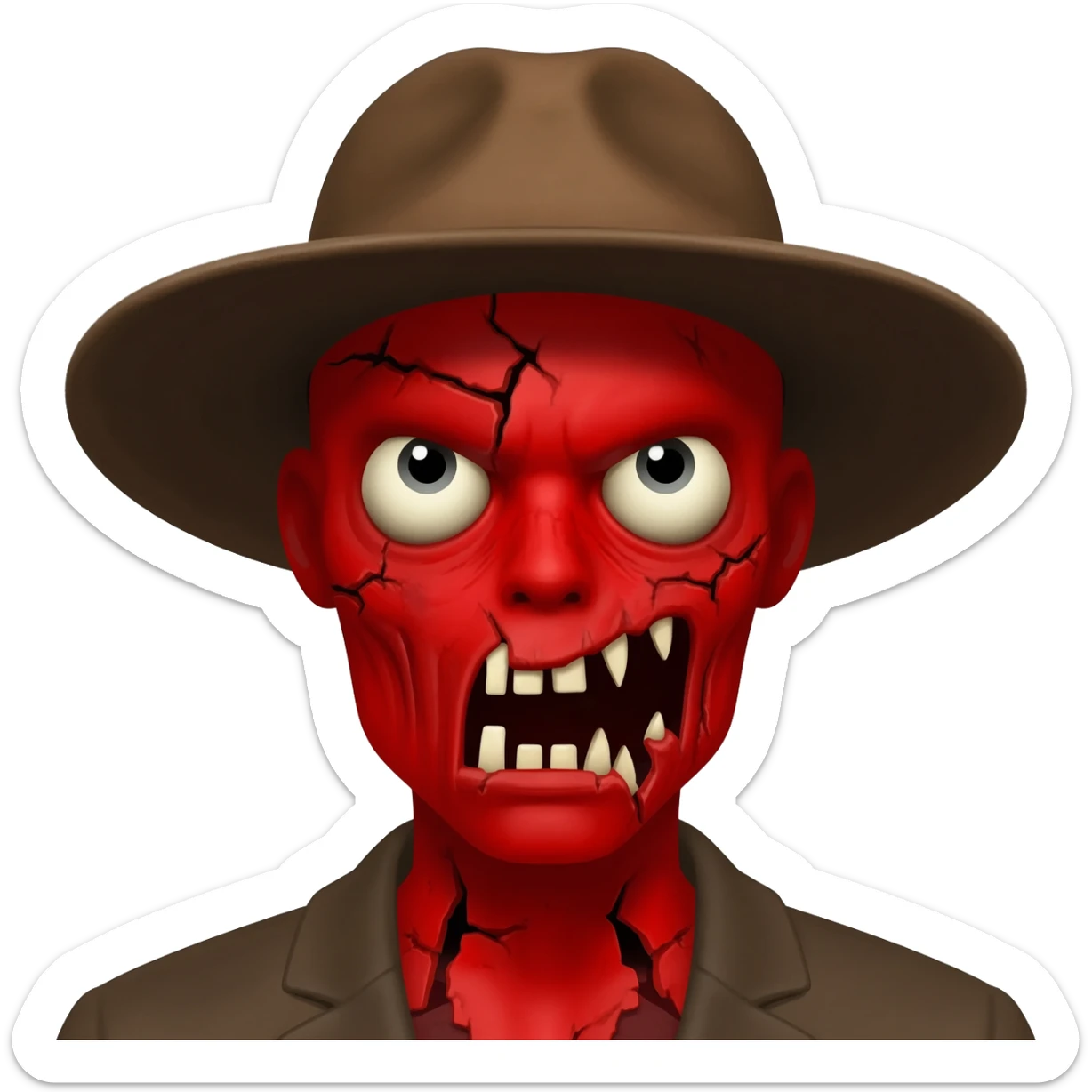A zombi with red skin and a brown hat sticker