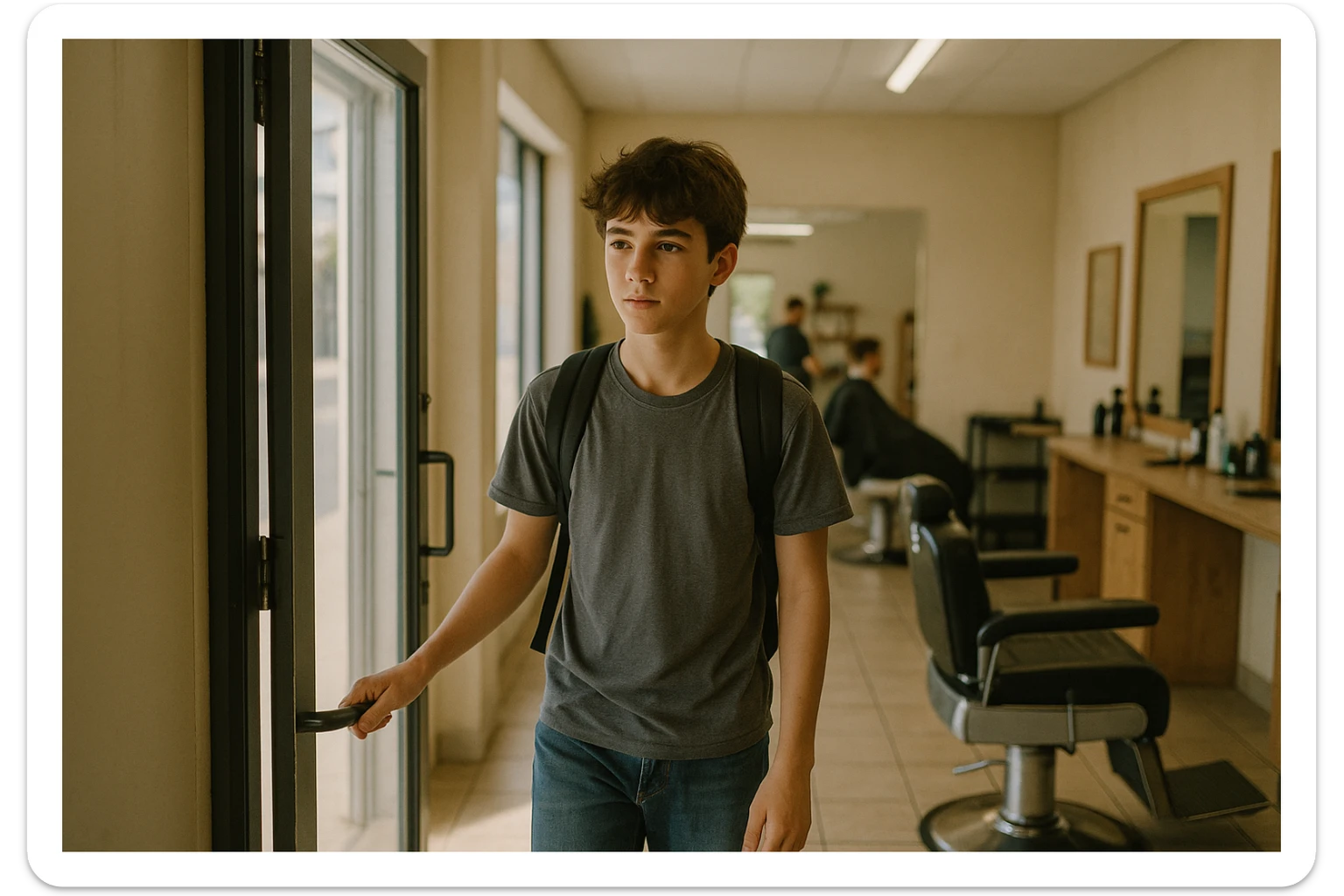 Sartaroshxonaga kirib kelayotgan o'smirin bola sartaroshxona eski ham emas yangi ham emas sticker