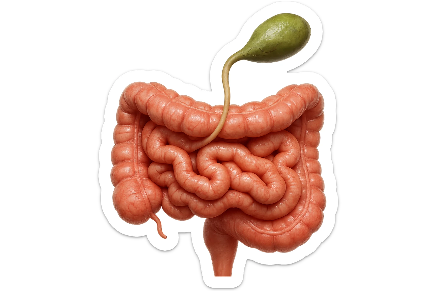 CISTIFELLEA E INTESTINO SONO COLLEGATI NEL DOLORE, SENZA SCRITTE E L'INTESTINO FALLO PERFETTO E REALISTICO, NON DISEGNATO iperrealistico 4k sticker