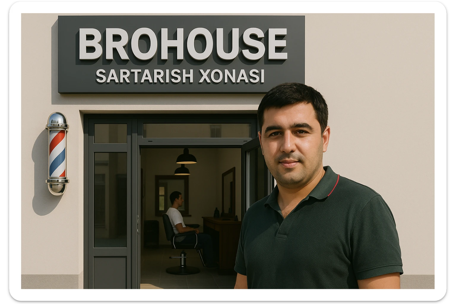 eni shu rasimga manashu odamga uxhshasin sartaosh eshik oldida tursin va tashqarida esa mijoz rasm esa 16 ga 9 bulsin 1920x1080 sticker