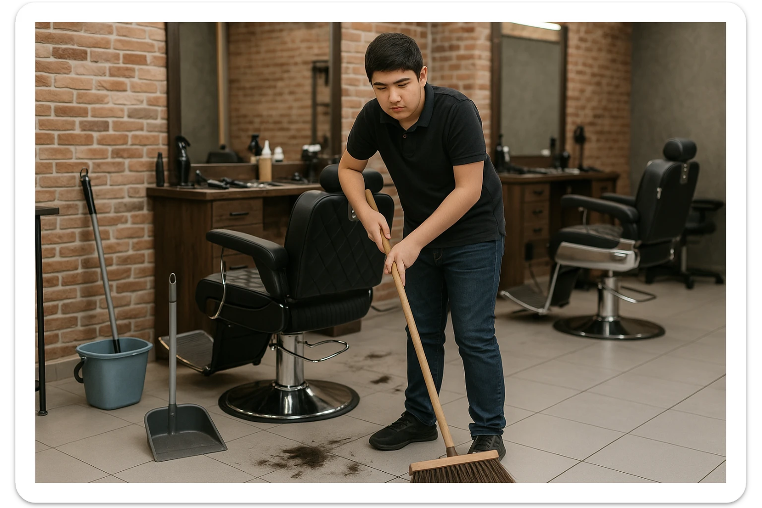 sartaroshxonani tozalayotgan o'smirin bola juda  yosh ham emas katta ham supir sudir qilaytgani narsalarni tozalayotgani  
 sticker