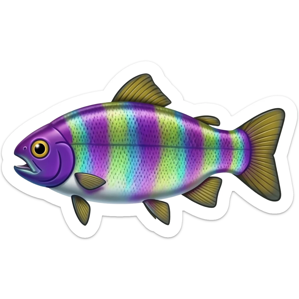 realistic rainbow trout fish bright purple blue green yellow white with black speckles sticker