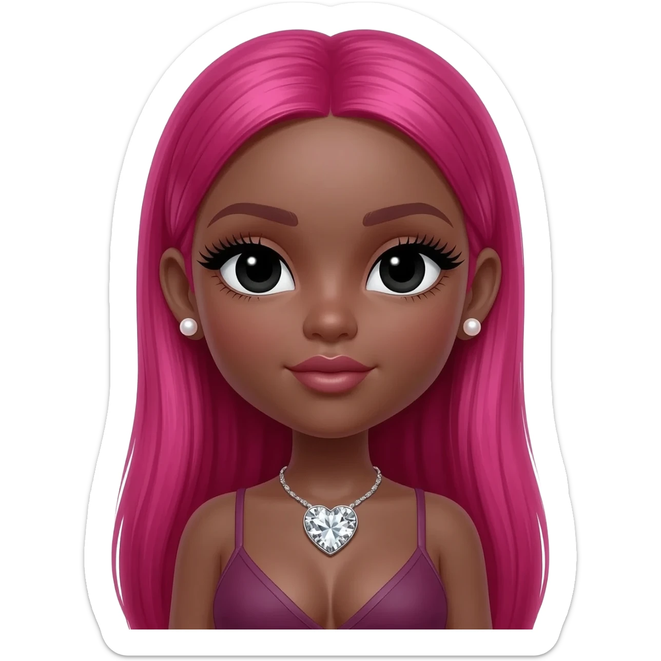 pearl earrings stud, Long giant lashes, Doll faced shaped,swarovski heart with Rhodium plated necklace, bimbo, black doll eyes, barbie, dark brown skin, with long hot pink hair, light pink, big breast sticker