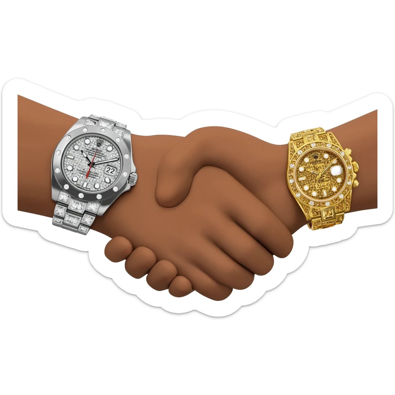 Emoji of a handshake, extreme close-up on wrists, oversized and flashy luxury watches, one silver iced-out Rolex, one gold iced-out Rolex, cartoon style, bold colors, focus on massive luxury watches, transparent background. sticker