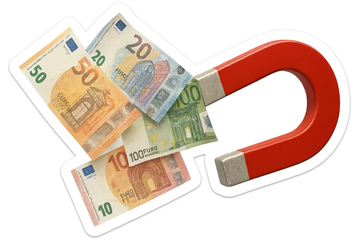 banconote di euro fluttuano vicino ad una calamita rossa, sono attratte, iperrealistico 4k sticker