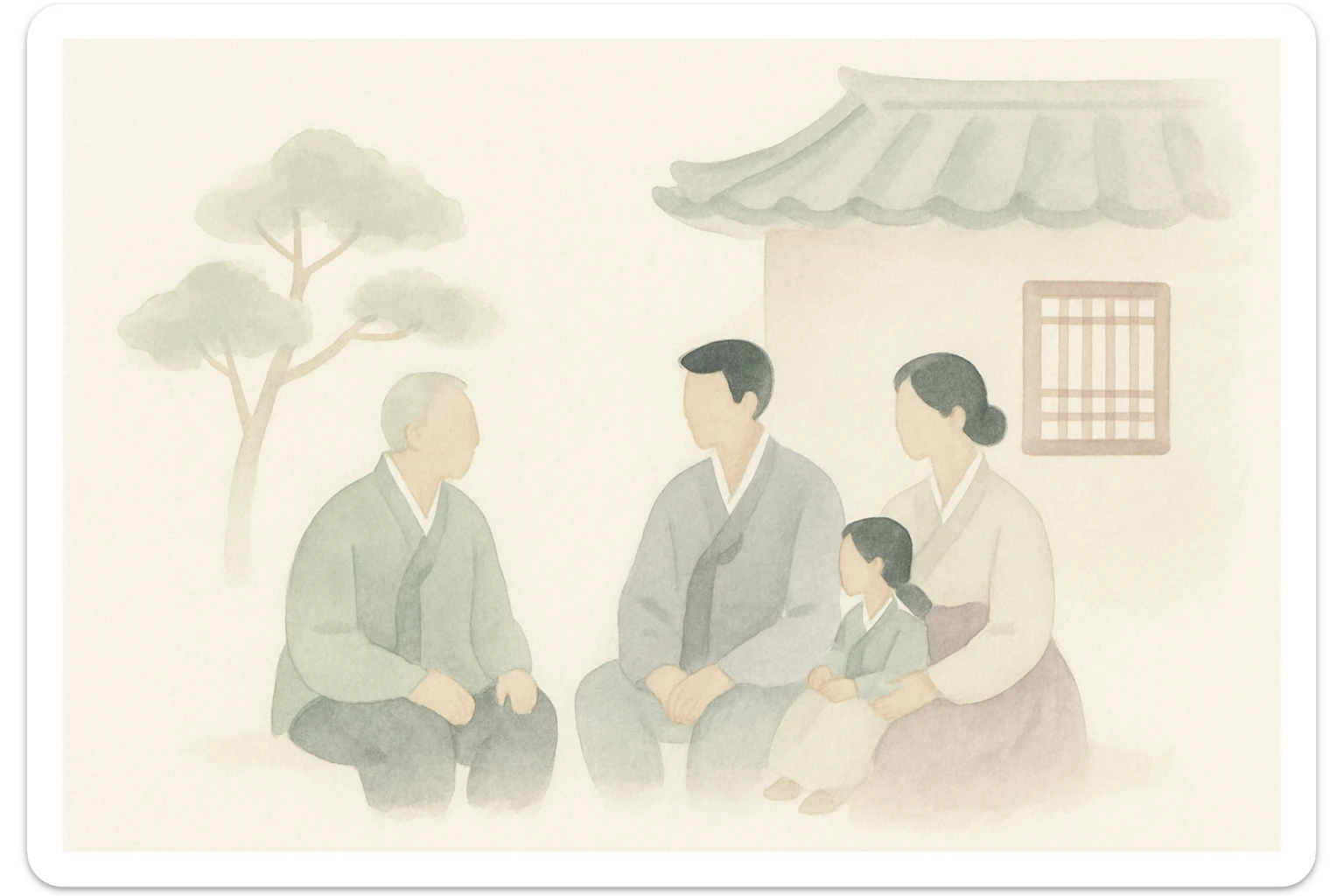 family gathered wearing traditional Korean hanbok, Korean atmosphere, ink wash painting style sticker