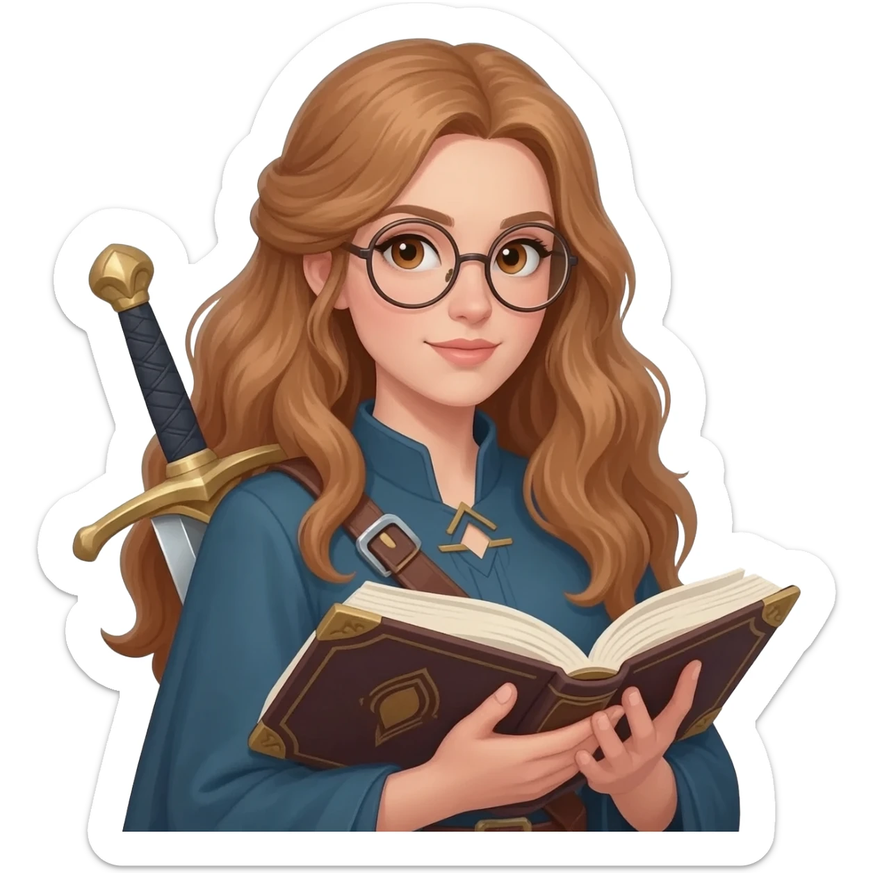 emoji style illustration of a woman with long light brown wavy hair, light brown eyes and round glasses holding an open book, with a sword on her back, fantasy heroine reader aesthetic sticker