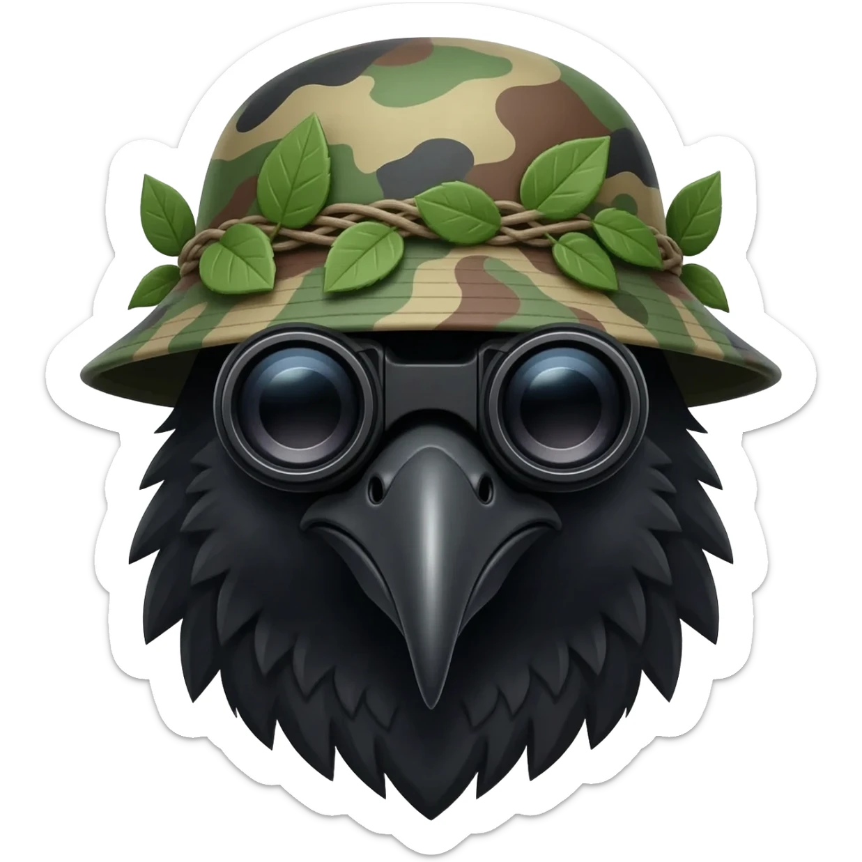 A raven (bird) from shoulders up and from 45 degrees, wearing dual tube night vision devices pvs-31 over their eyes, and a camoflage Boonie hat with a few more bits of scrim and leaves attached to the hat sticker