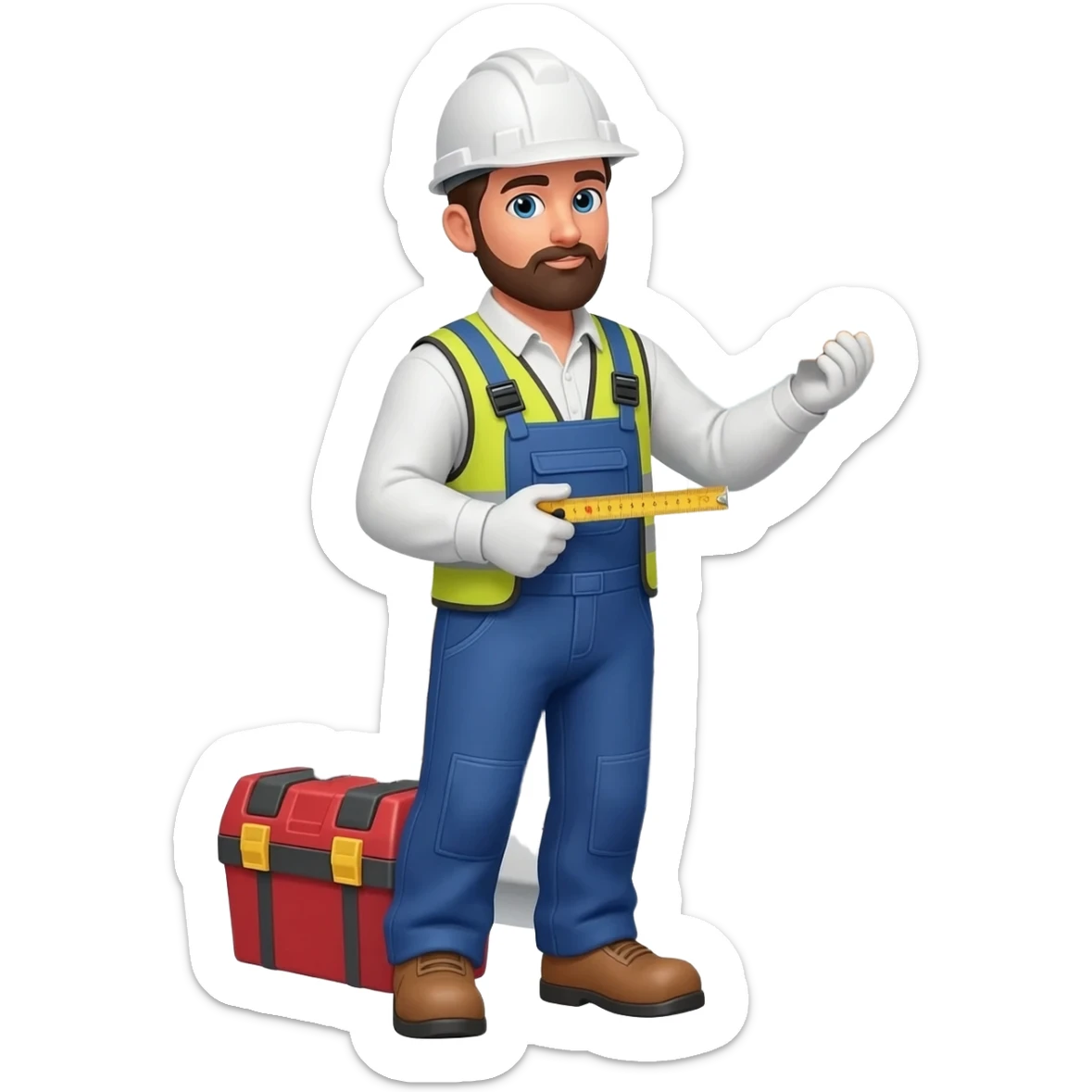 Emoji-style construction worker remodeling a kitchen, installing cabinets and tiles with tools, wearing a hard hat and tool belt, modern kitchen background with countertops and cabinets, bright emoji design, simple and clean, expressive and friendly. sticker