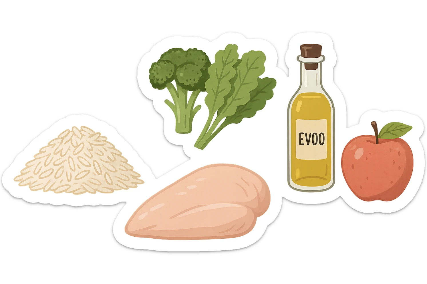 Riso basmati
Petto di pollo
Verdura fibrosa verde
Olio EVO
Mela sticker