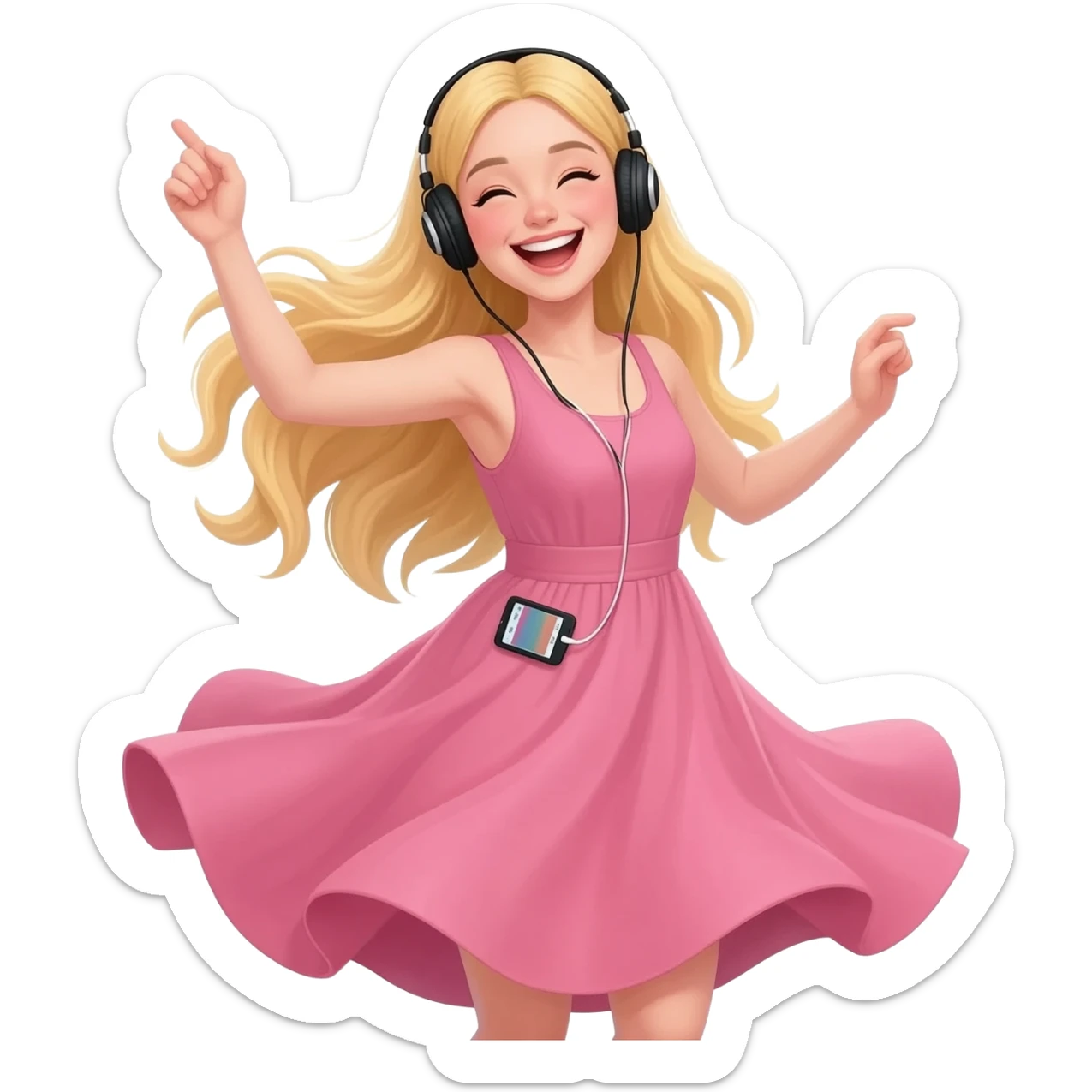girl blonde long hair in pink dress listen to music rock and roll on black headphones with mp3 player in women's back and dancing sticker