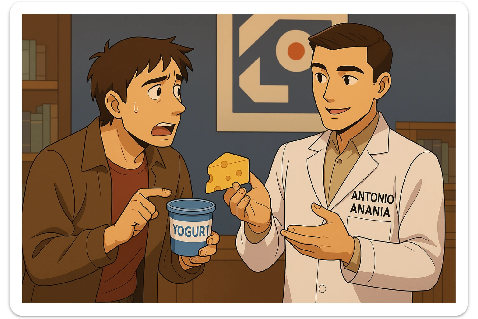 fai un webtoon manga a colori con questo stile, in cui un uomo fa una domanda al kinesiologo con il camice bianco (fagli anche la scritta "ANTONIO ANANIA" SUL CAMICE, l'uomo chiede una cosa mostrando un formaggio e uno yogurt al kinesiologo con il camice, IL KINESIOLOGO annuisce e SPIEGA ALL'UOMO UNA cos. L'UOMO ha un ESPRESSIONE CONFUSA IN VOLTO. non fare i fumetti però, fai solo in modo che sembri stiano parlando sticker