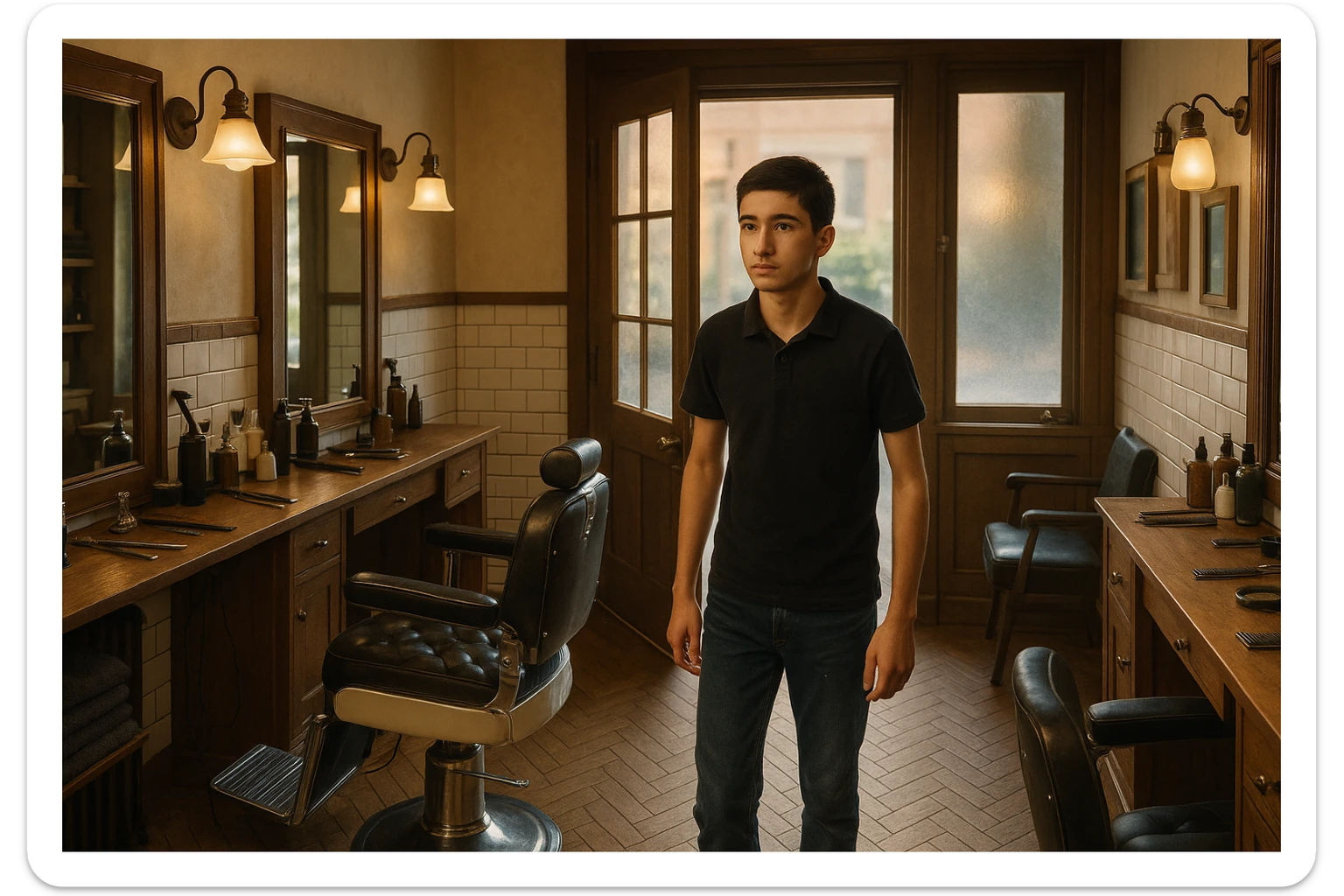 Shu odamni sartaroshxonaga kirib kelayapti  o'smirin davri rakurs ichkaridan sartaroshxona eski ham yangi ham emas bolani juda semiz qilib yuborma  u ozg'inroq bo'lsin huddi sartaroshxonani  hammadan oldin kelib ochsin sticker