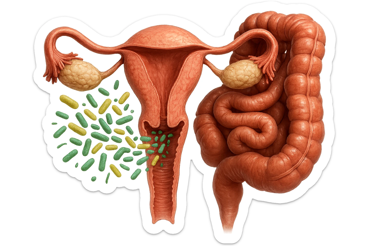 UTERO UMANO E INTESTINO ANATOMICI REALISTICO CON BATTERI CHE ESCONO DALL'INTERNO, IPERREALISTICO 4K sticker