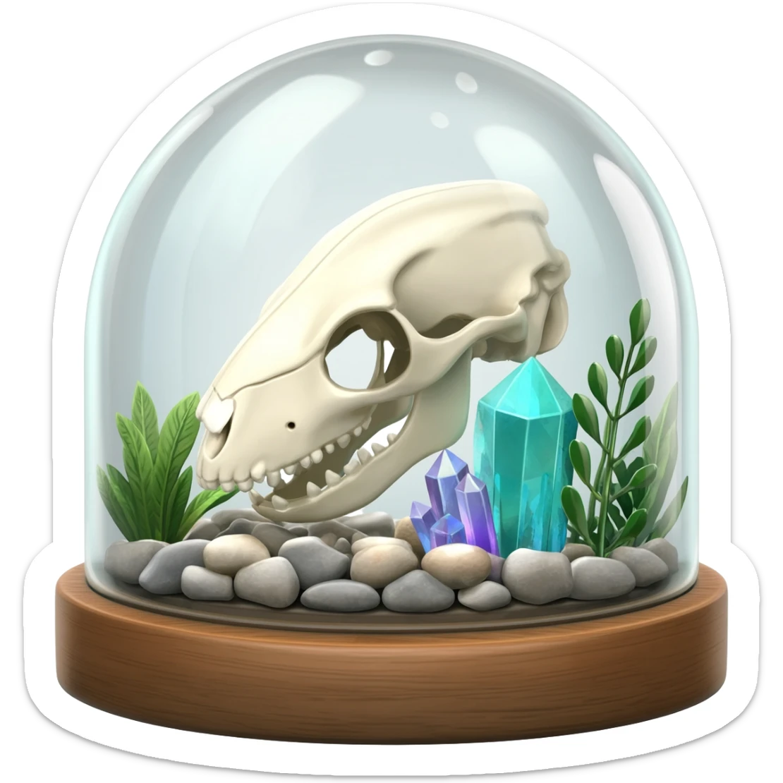 A terrarium glass dome with an animal skull inside, shiny pebbles and crystal inside. And plants inside  sticker