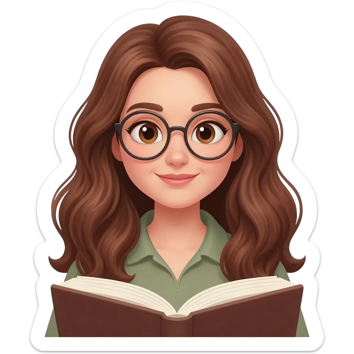 detailed emoji illustration of a curvy woman with long chestnut brown wavy hair, light brown eyes and round glasses reading a book with an emotional expression, touched by the story, emoji style sticker