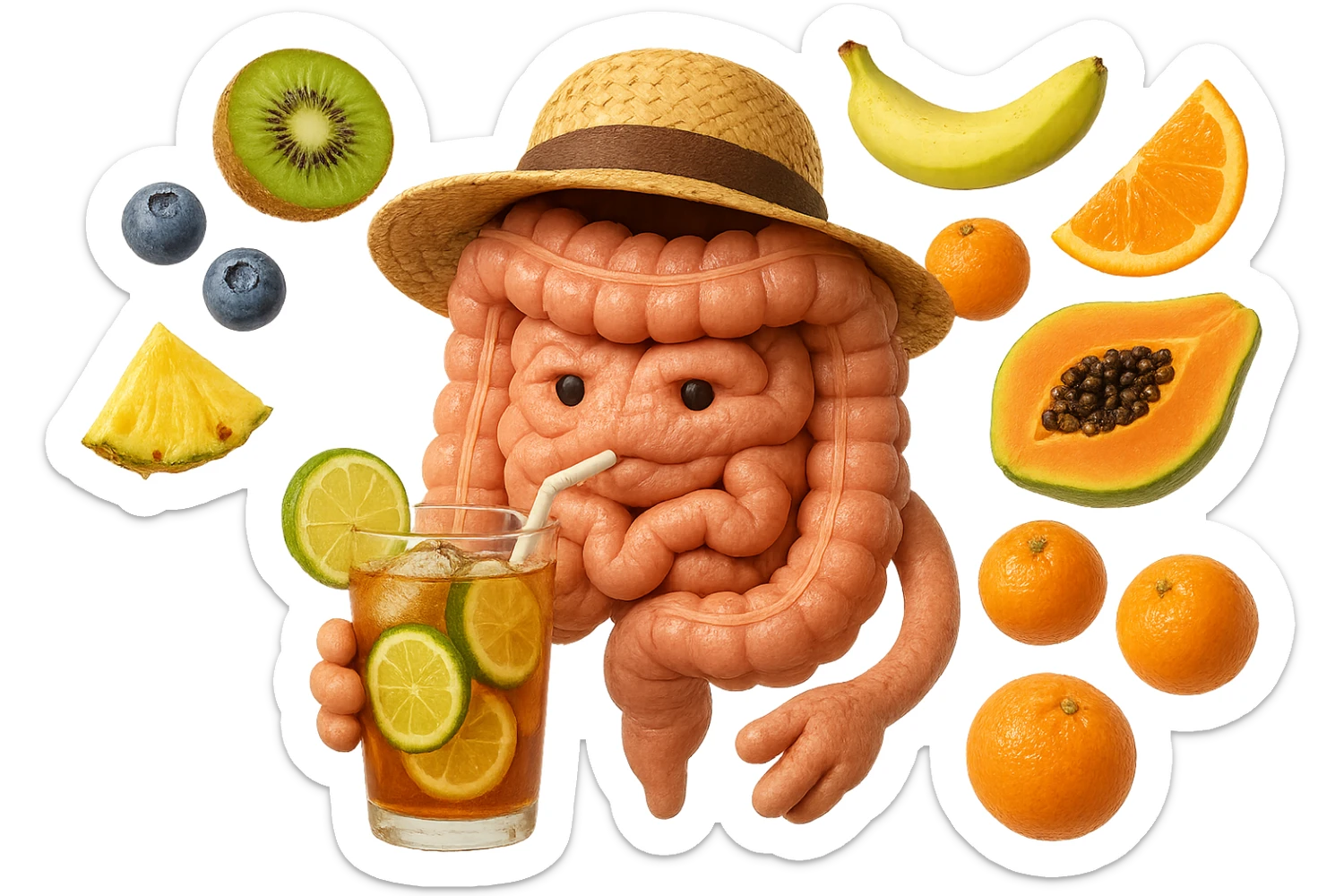 EMOJI STILE IPHONE DI INTESTINO UMANO REALISTICO CON CAPPELLO DI PAGLIA DA SPIAGGIA CHE BEVE UN Tè FREDDO IN BICCHIERE DI VETRO CON DENTRO  fette di cetriolo, limone, lime, DIETRO L'INTESTINO FLUTTUANO PEZZETTI DI Kiwi
Banana acerba
Arance e mandarini
Mirtilli
Ananas
Papaya
IPERREALISTICO 4K sticker